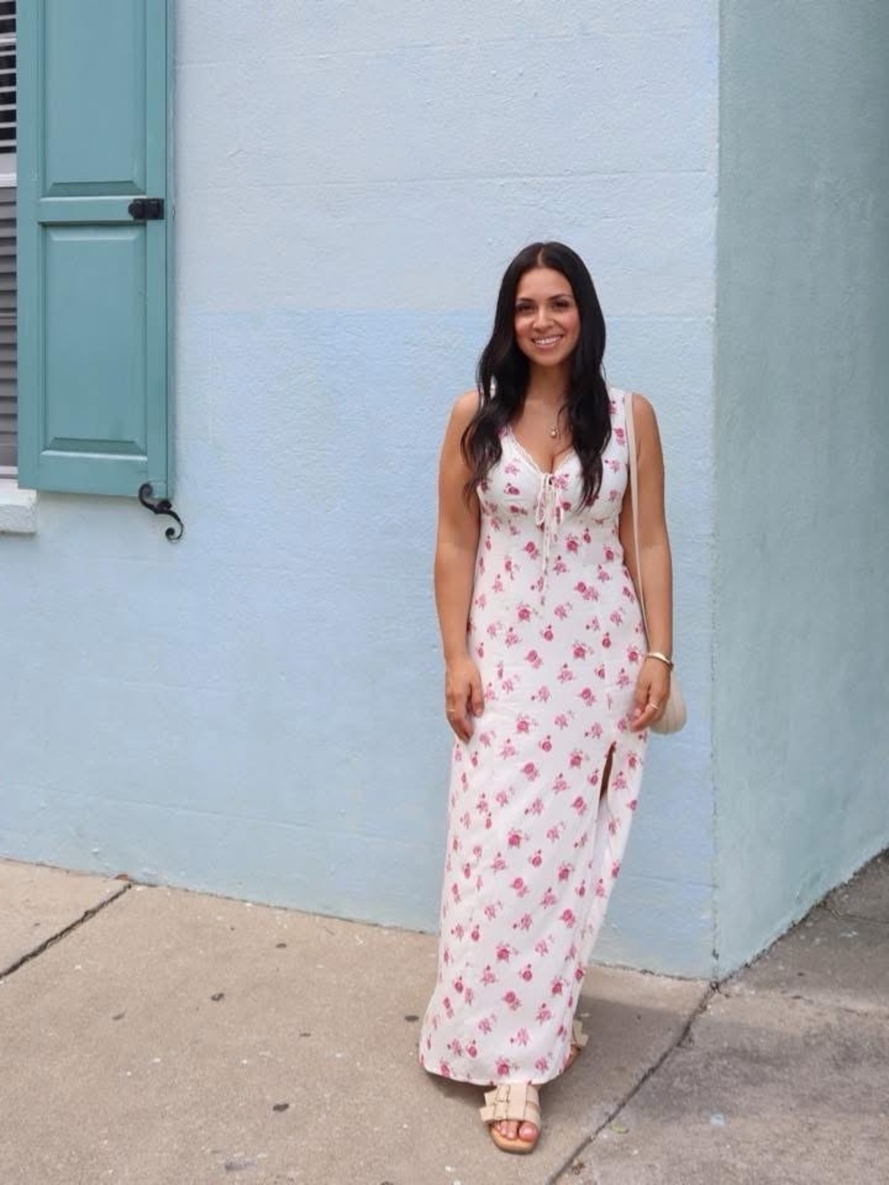 Floral Tie-Front Maxi Dress in White with Pink Roses Cottagecore